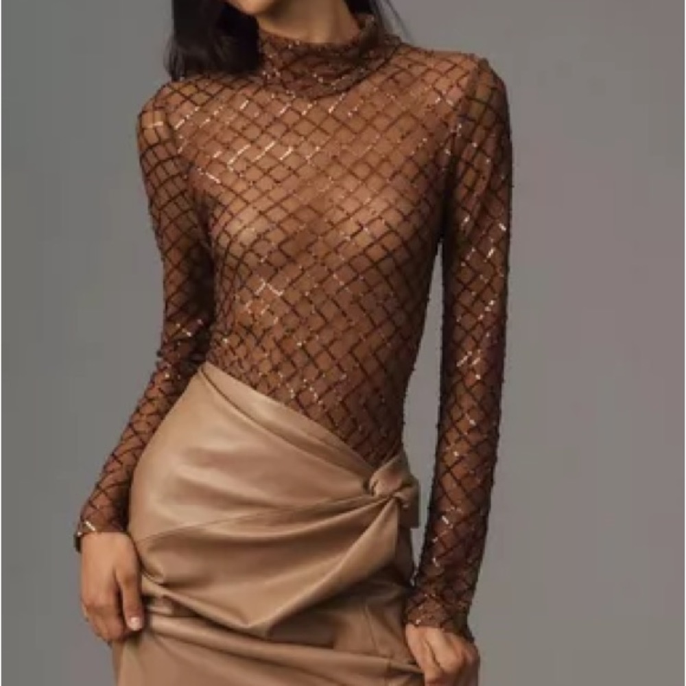 Anthropologie NWT Pilcro TurtleneckSequin Top Bronze Brown XXS Sheer Mesh Fall